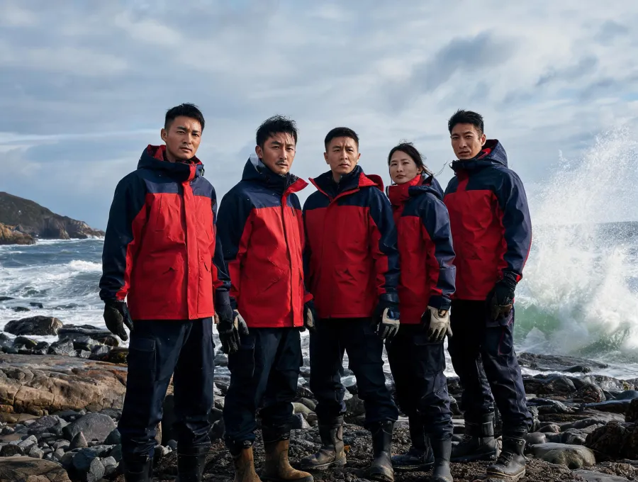 Helly Hansen style workwear team in coastal industrial weather