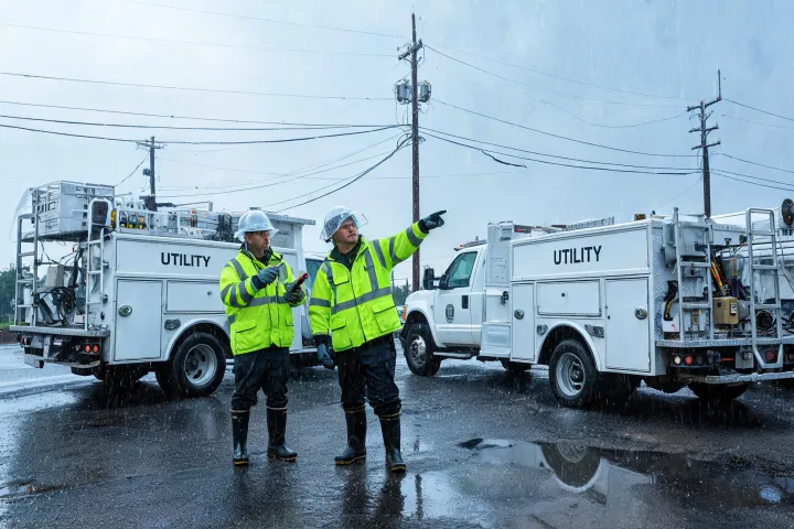 Utility crew wearing arc-rated outdoor layers