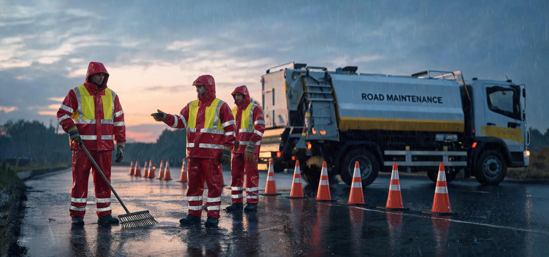Hi-vis rainwear on a night road crew