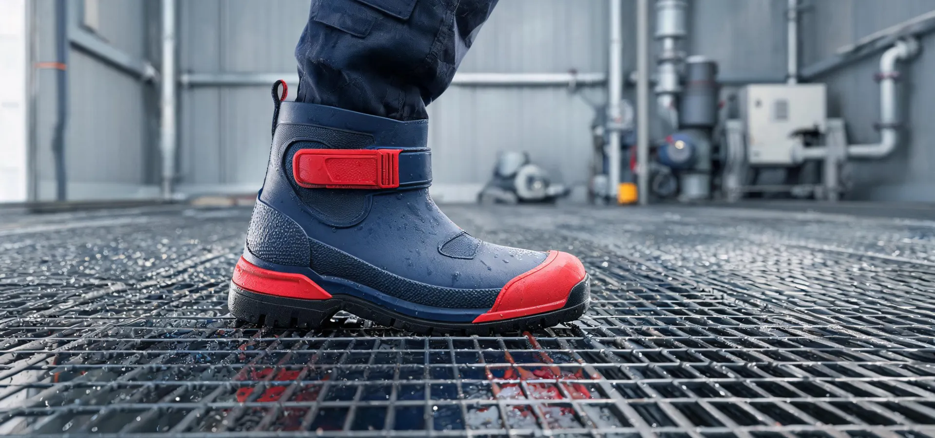 Safety boots on wet industrial flooring