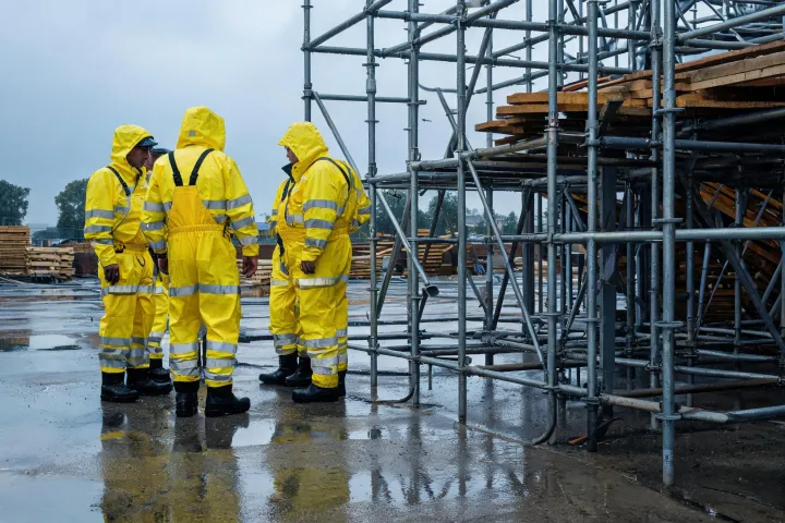 Construction crew in hi-vis waterproof workwear