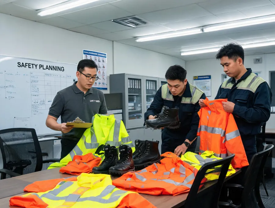 Industrial crew reviewing workplace PPE program
