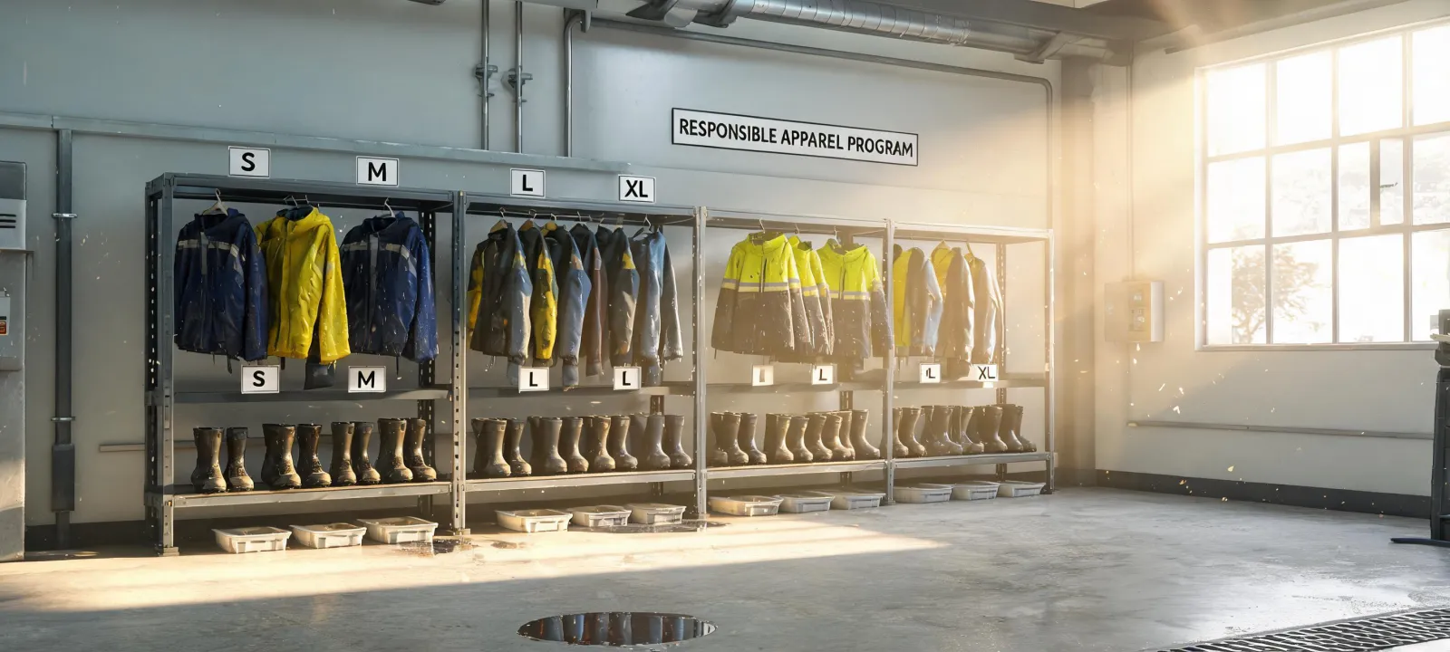 Durable workwear drying after rainy field shift